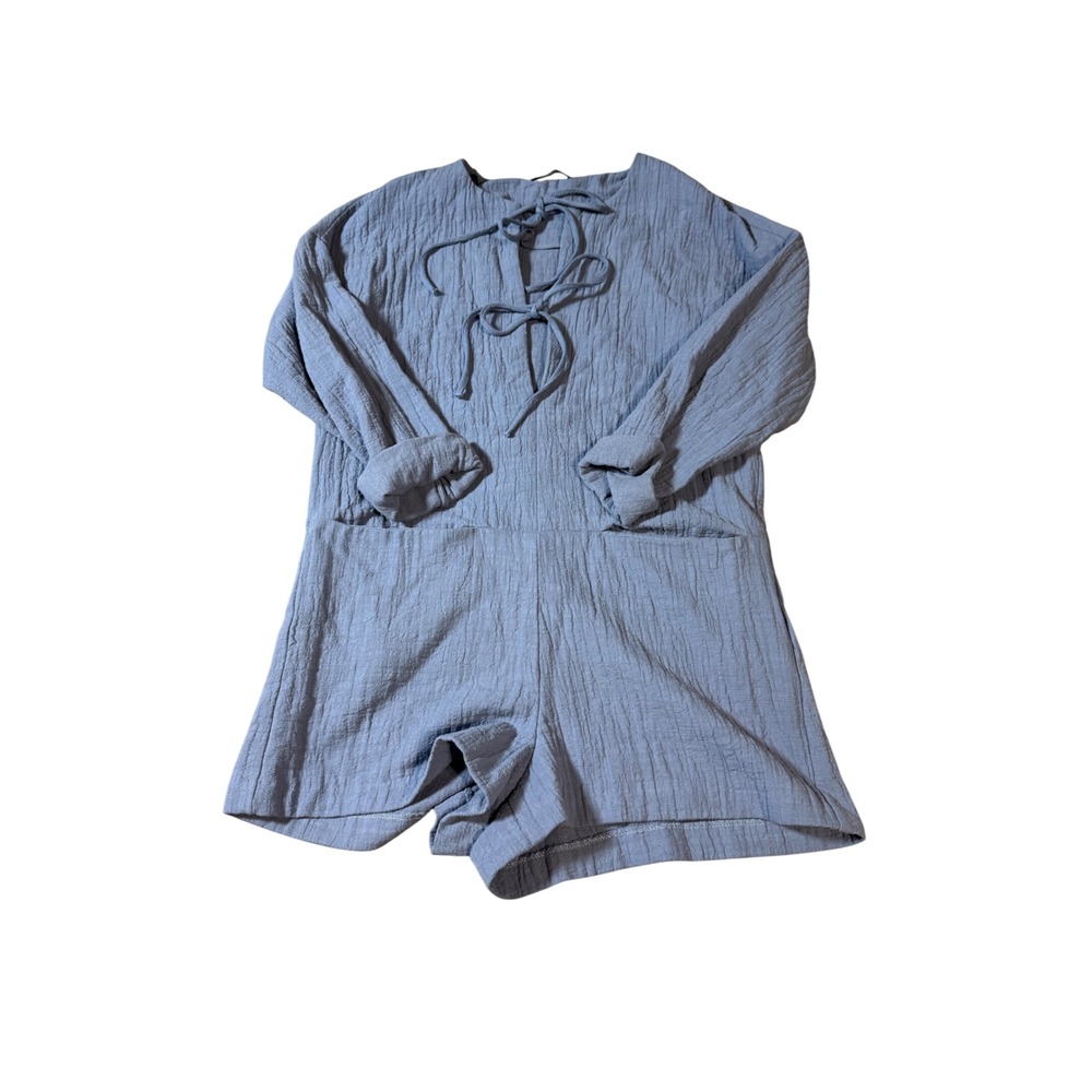 Zara Women Size XS Dusty Blue Romper Tie Front 100% Cotton Lightweight
